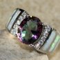 SILVER Elegant White Fire Opal & Rainbow Topaz Oval Ring Size 6, WR41704