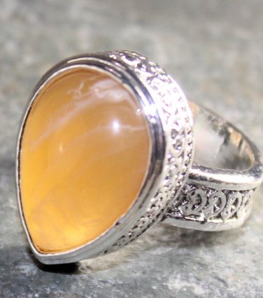 SILVER Vintage Style Yellow Agate Teardrop Ring Size 9.75