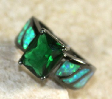 BLACK SILVER Elegant Green Fire Opal & Peridot Rectangular Ring Size 9, WR41201