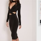 Sexy Black HALTER Skirt Midi Dress Evening Party Club Long Sleeve Dress Sundress