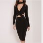 Sexy Black HALTER Skirt Midi Dress Evening Party Club Long Sleeve Dress Sundress