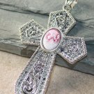 SILVER 12x16MM Oval Pink Cameo Titanium Druzy Cross Pendant 2 5/8 " X 1 5/8 "