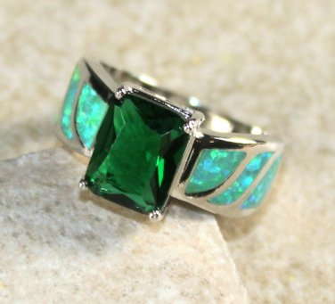 SILVER Elegant Green Fire Opal & Green Peridot Rectangular Ring Size 9, WR41305