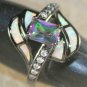 BLACK SILVER Elegant White Fire Opal & Rainbow Topaz Ring Size 6, WR40503