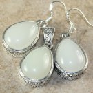 SILVER Vintage Style Cream White Agate Teardrop Pendant & Earrings Set