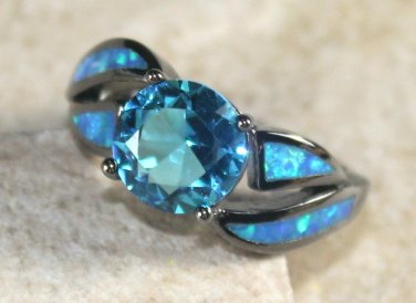 Black SILVER Elegant Blue Fire Opal & Royal Blue Topaz Ring Size 9, WR40103