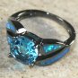 Black SILVER Elegant Blue Fire Opal & Royal Blue Topaz Ring Size 9, WR40103