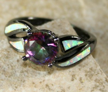 Black SILVER Elegant White Fire Opal & Rainbow Topaz Ring Size 5 WR40101