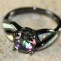 Black SILVER Elegant White Fire Opal & Rainbow Topaz Ring Size 5 WR40101