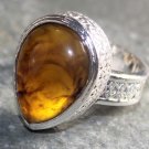 SILVER Vintage Style Amber Teardrop Ring Size 6.25