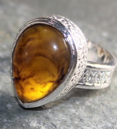 SILVER Vintage Style Amber Teardrop Ring Size 6.25