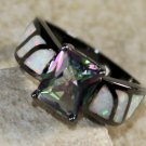 BLACK SILVER Elegant White Fire Opal & Rainbow Topaz Ring Size 5, WR41205