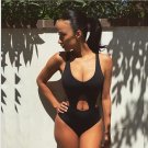 Women's Sexy Black Hollow One Piece Strappy Swimsuit Striped Bathing Suit Sling