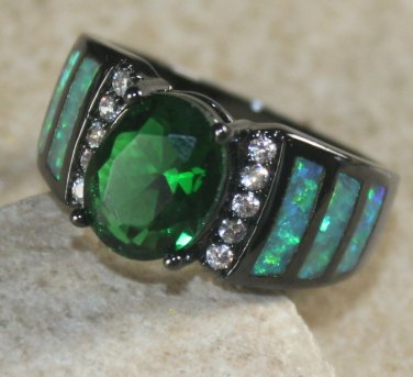 BLACK SILVER Elegant Green Fire Opal & Green Peridot Oval Ring Size 7, WR41804
