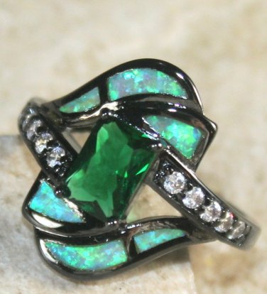 BLACK SILVER Elegant Green Fire Opal & Green Peridot Ring Size 7, WR40502