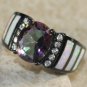 BLACK SILVER Elegant White Fire Opal & Rainbow Topaz Oval Ring Size 6, WR41802