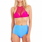 Pink Blue Sexy Swimwear Women Bikini Set Beach Bathing Suit Mesh Top High Waist