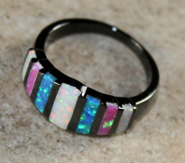 BLACK SILVER Elegant Blue, White & Pink Fire Opal Rainbow Ring Size 7, WR41505