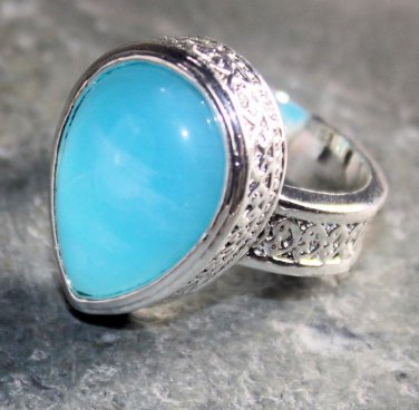 SILVER Vintage Style Sky Blue Quartz Teardrop Ring Size 7.25