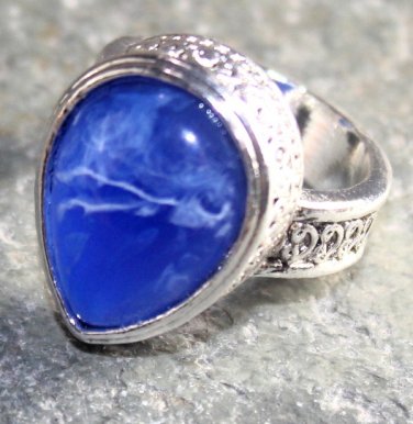 SILVER Vintage Style Royal Blue Agate Teardrop Ring Size 9
