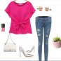 Pink Chiffon Bow Tank Top Semi Sheer Loose Flowy T-shirt Blouse Bodysuit