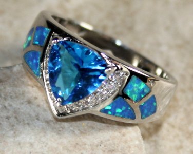 SILVER Elegant Blue Fire Opal & Royal Blue Topaz Ring Size 7, WR40704