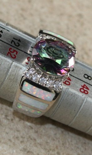 SILVER Elegant White Fire Opal & Rainbow Topaz Oval Ring Size 7, WR41704