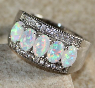 SILVER Elegant White Fire Opal 5 Stone Ring Size 5 WR41103