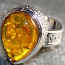 SILVER Vintage Style Yellow Amber Teardrop Ring Size 7.25