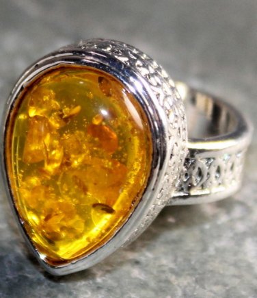SILVER Vintage Style Yellow Amber Teardrop Ring Size 7.25