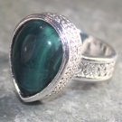 SILVER Vintage Style Green Moss Agate Teardrop Ring Size 9