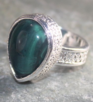 SILVER Vintage Style Green Moss Agate Teardrop Ring Size 9