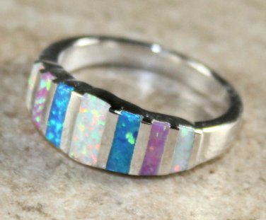 SILVER Elegant Blue, White & Pink Fire Opal Rainbow Ring Size 7, WR41401