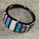 BLACK SILVER Elegant Blue, White & Pink Fire Opal Rainbow Ring Size 9, WR41505