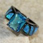 BLACK SILVER Elegant Blue Fire Opal &Blue Topaz Rectangular Ring Size 7, WR41204