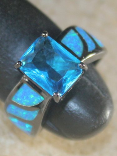 BLACK SILVER Elegant Blue Fire Opal &Blue Topaz Rectangular Ring Size 6, WR41204