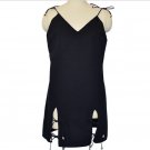 Black Top Semi Sheer Wavy Edge Loose Beach Party V Neck Lace Up Dress