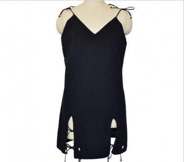 Black Top Semi Sheer Wavy Edge Loose Beach Party V Neck Lace Up Dress