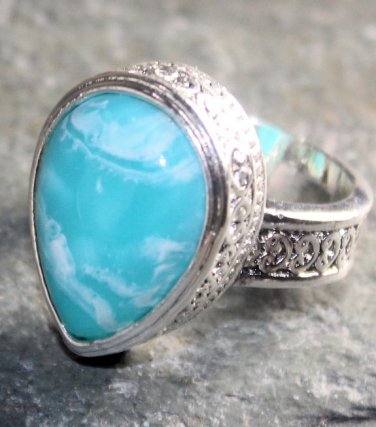 SILVER Vintage Style Sky Blue Jasper Teardrop Ring Size 6.25