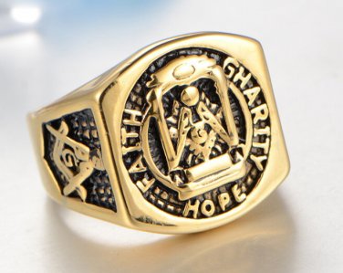 Master Masonic Ring Golden Freemason Compass Square Jewelry Size 7-13