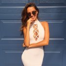 Women's White HALTER Hollow Out Bodycon Skirt off-the-should Party Midi Dresses Women's White HALTER Hollow Out Bodycon Skirt off-the-should Party Midi Dresses