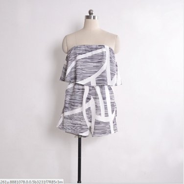 Black White Leaf Print Jumpersuit Skirt Off-the shoulder Sleeveless Floral Dress