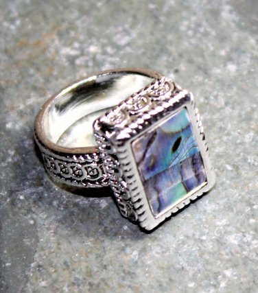 SILVER Vintage Style Abalone Shell 10x14mm Ring Size 9.25