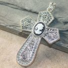 SILVER Black 12x16MM Oval Cameo Titanium Druzy Cross Pendant 2 5/8 " X 1 5/8 "