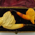 Pair cased 1800s Antique Smokers Meerschaum Amber Tipped Pipes Carved Face LAYBY