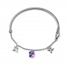 Platinum Plated 925 Silver Amethyst Clover Bangle Bracelet, Women Girl Teens Fashion Jewelry B05809A
