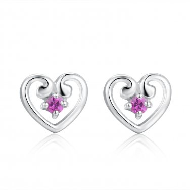 925 Silver Open Heart Pink Sapphire Stud Earrings, Fashion Women Jewelry C05769E