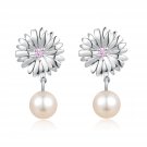 925 Silver CZ Flower Dangling Fresh Water Pearl Stud Earrings, Fashion Women Jewelry C05974E