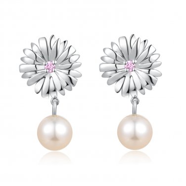 925 Silver CZ Flower Dangling Fresh Water Pearl Stud Earrings, Fashion Women Jewelry C05974E