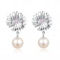925 Silver CZ Flower Dangling Fresh Water Pearl Stud Earrings, Fashion Women Jewelry C05974E